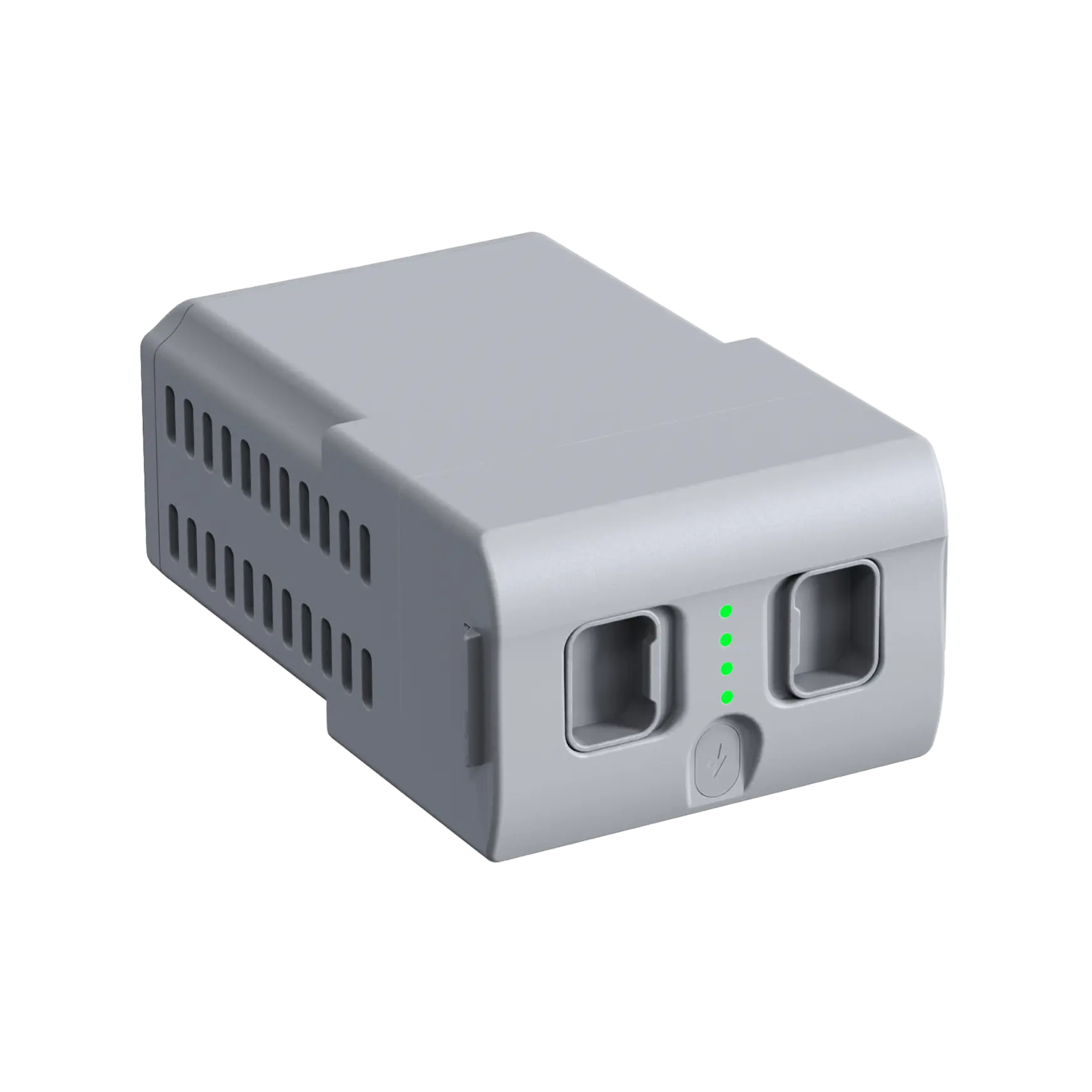 Unitree Go2 battery official multi-angle render showing front, side and top views of the grey BT2-05/BT2-06 battery pack