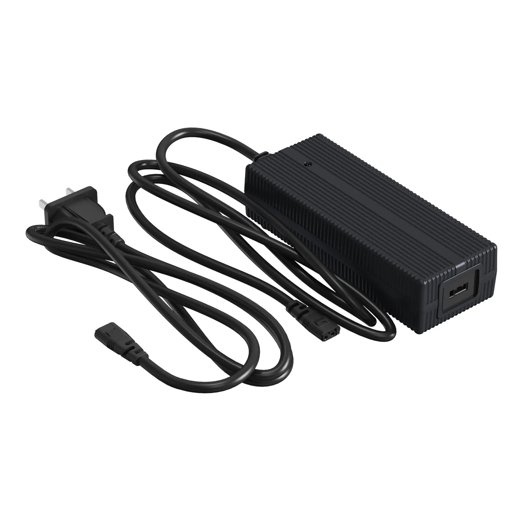 Unitree Go2 charger side view showing the black power adapter brick with AC wall plug cable and DC battery connector