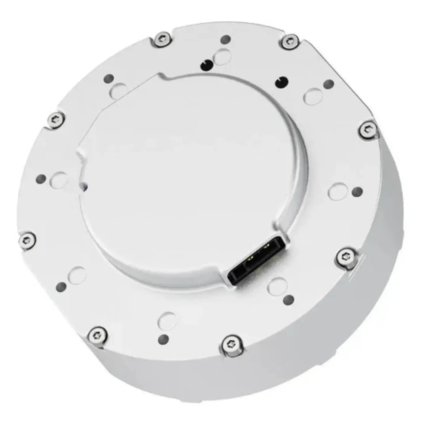 Unitree Go2 motor – calf motor rear cover with quick-connect wiring harness port Unitree Go2 motor calf motor rear side with circular back cover, fixing screws and quick-connect harness connector, white background